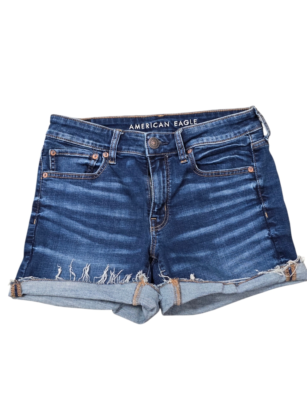 American Eagle Dark Wash Cuffed Midi Denim Shorts Frayed Hem